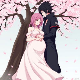 A serene and intimate scene depicting Sakura Haruno and Sasuke Uchiha from Naruto, both in a beautiful embrace
