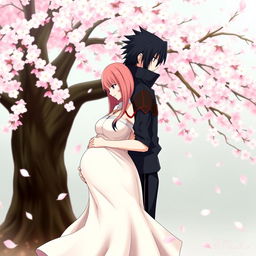 A serene and intimate scene depicting Sakura Haruno and Sasuke Uchiha from Naruto, both in a beautiful embrace