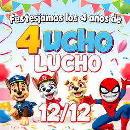 A lively birthday invitation image for a 4-year-old boy named Lucho, designed to be sent to parents