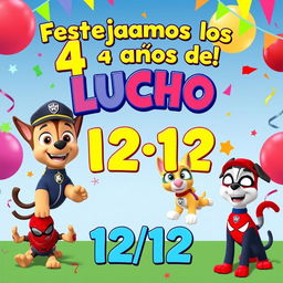 A lively birthday invitation image for a 4-year-old boy named Lucho, designed to be sent to parents