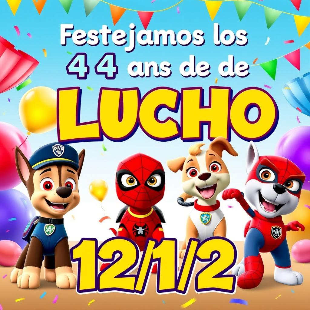 A lively birthday invitation image for a 4-year-old boy named Lucho, designed to be sent to parents