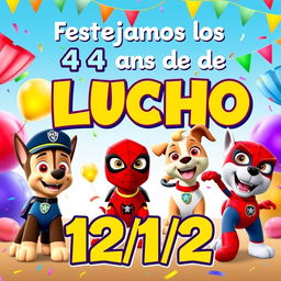 A lively birthday invitation image for a 4-year-old boy named Lucho, designed to be sent to parents