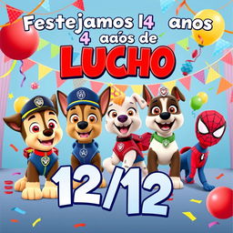 A lively birthday invitation image for a 4-year-old boy named Lucho, designed to be sent to parents