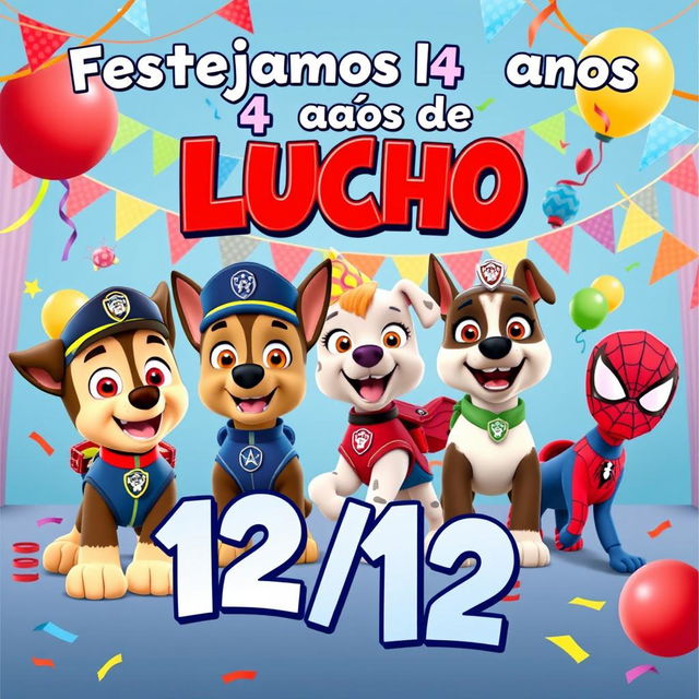 A lively birthday invitation image for a 4-year-old boy named Lucho, designed to be sent to parents