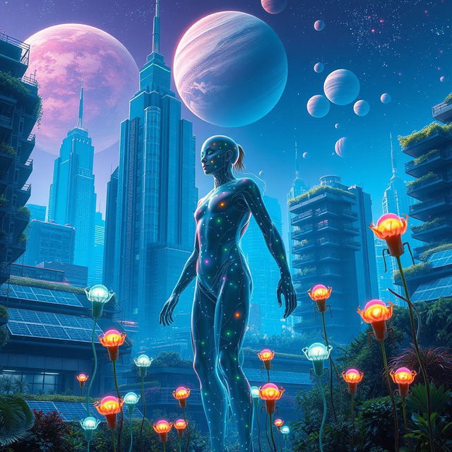 A vibrant science fiction scene showcasing a dramatic metamorphosis event that embodies themes of sustainability, space exploration, and a utopian future