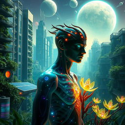 A vibrant science fiction scene showcasing a dramatic metamorphosis event that embodies themes of sustainability, space exploration, and a utopian future