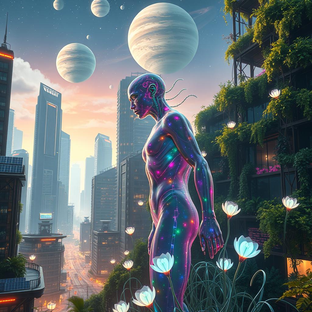 A vibrant science fiction scene showcasing a dramatic metamorphosis event that embodies themes of sustainability, space exploration, and a utopian future