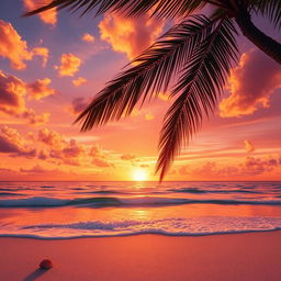 A highly detailed image of a vibrant sunset over a tranquil beach scene