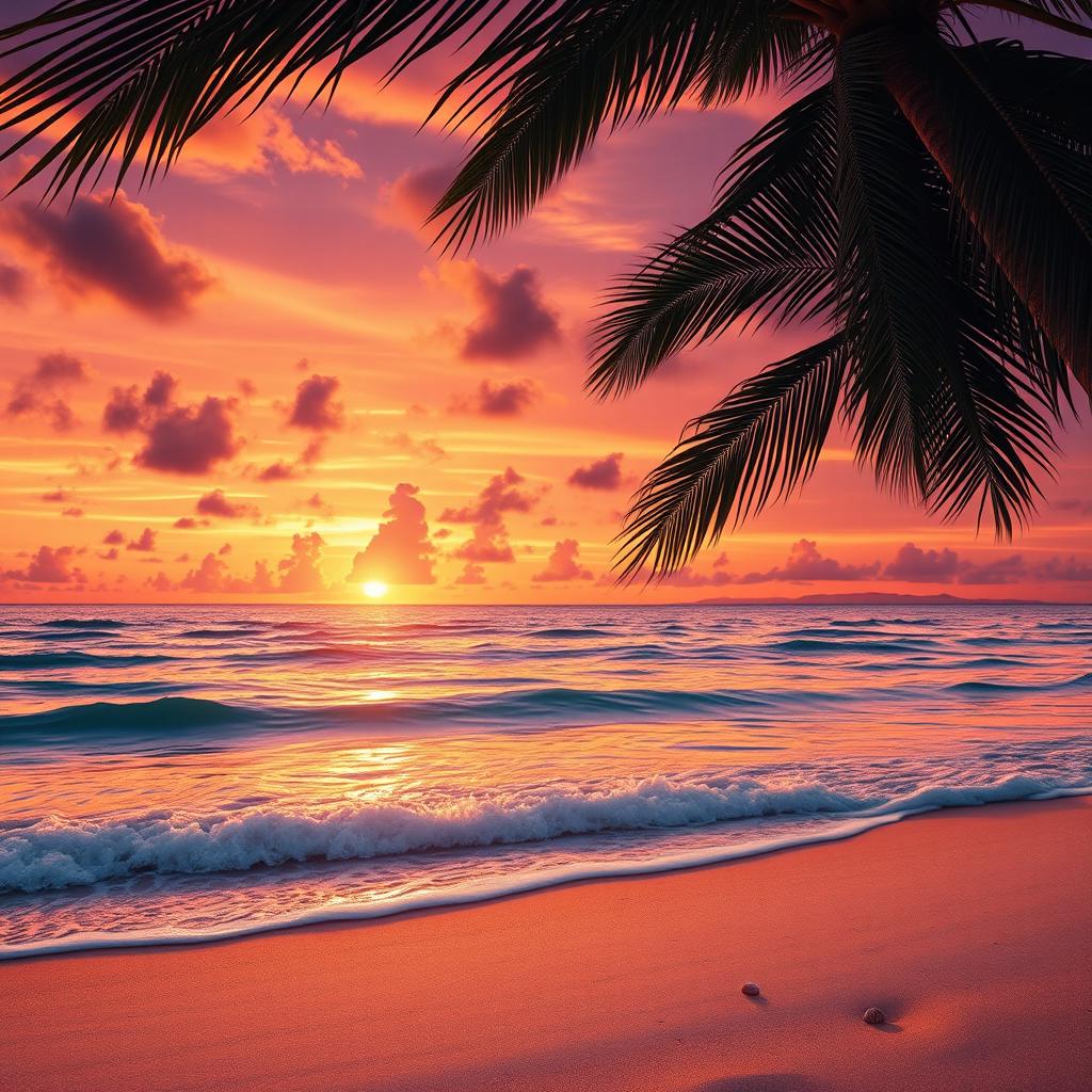 A highly detailed image of a vibrant sunset over a tranquil beach scene