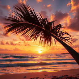 A highly detailed image of a vibrant sunset over a tranquil beach scene