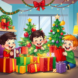 A joyful and colorful illustration of children enthusiastically opening Christmas gifts and decorating a Christmas tree