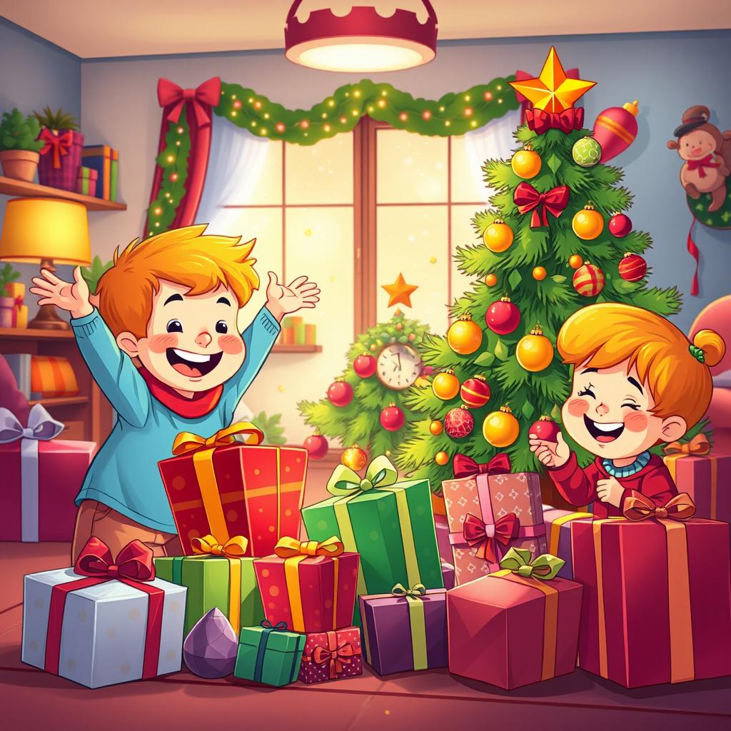 A joyful and colorful illustration of children enthusiastically opening Christmas gifts and decorating a Christmas tree