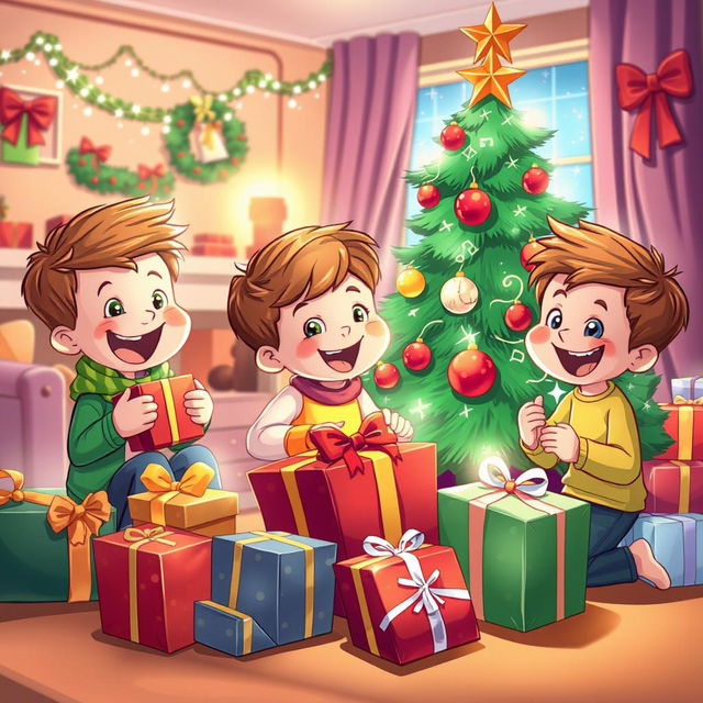 A joyful and colorful illustration of children enthusiastically opening Christmas gifts and decorating a Christmas tree