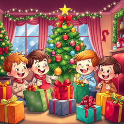 A joyful and colorful illustration of children enthusiastically opening Christmas gifts and decorating a Christmas tree
