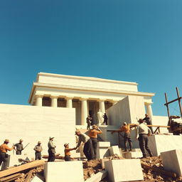 A historical depiction of workers constructing the Lincoln Memorial, showcasing laborers in early 20th-century attire, diligently working with tools and machinery