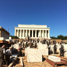 A historical depiction of workers constructing the Lincoln Memorial, showcasing laborers in early 20th-century attire, diligently working with tools and machinery