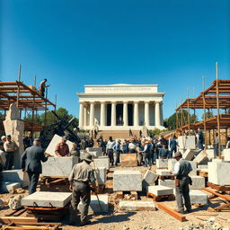 A historical depiction of workers constructing the Lincoln Memorial, showcasing laborers in early 20th-century attire, diligently working with tools and machinery