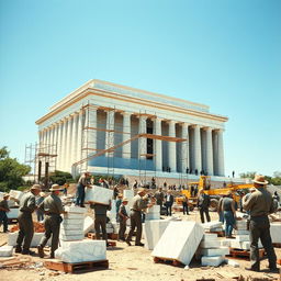 A historical depiction of workers constructing the Lincoln Memorial, showcasing laborers in early 20th-century attire, diligently working with tools and machinery