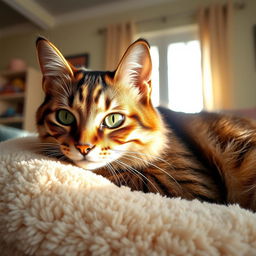 A beautiful cat with glossy fur, bright green eyes, reclining gracefully on a soft, plush pillow