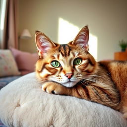 A beautiful cat with glossy fur, bright green eyes, reclining gracefully on a soft, plush pillow
