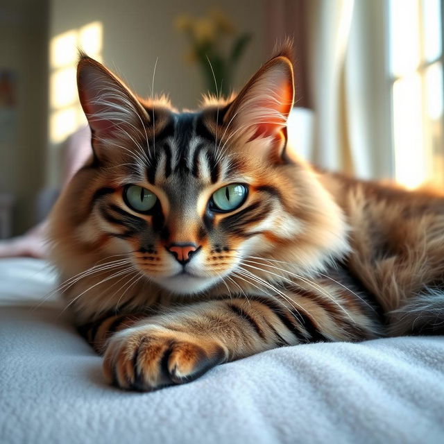 A beautiful cat with glossy fur, bright green eyes, reclining gracefully on a soft, plush pillow