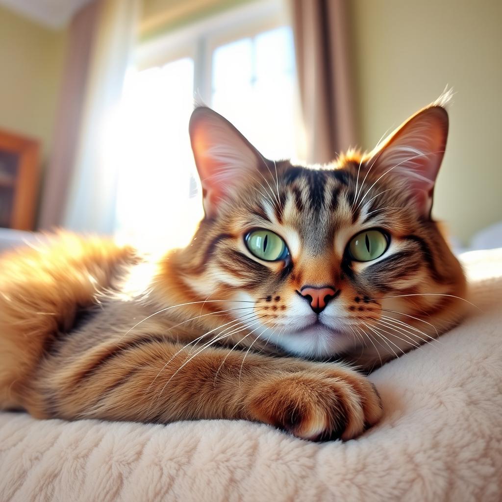 A beautiful cat with glossy fur, bright green eyes, reclining gracefully on a soft, plush pillow