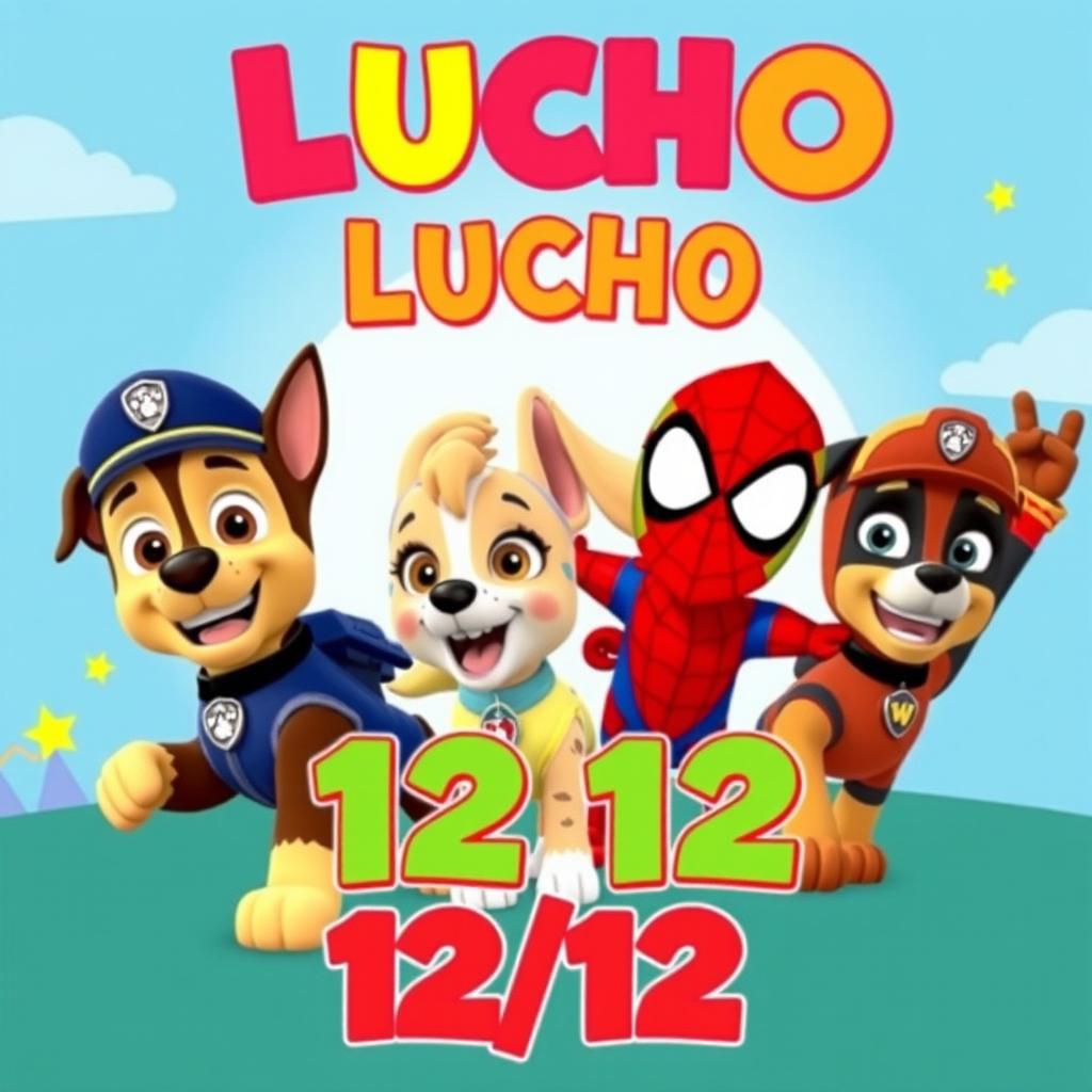 A cheerful birthday invitation image for a 4-year-old boy named Lucho, designed for parents