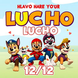 A cheerful birthday invitation image for a 4-year-old boy named Lucho, designed for parents