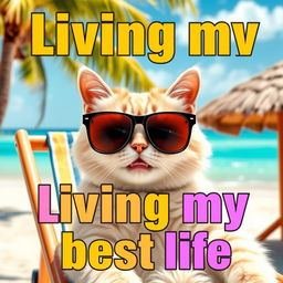 A humorous meme featuring a cat with a funny expression wearing oversized sunglasses, lounging on a beach chair with a tropical background