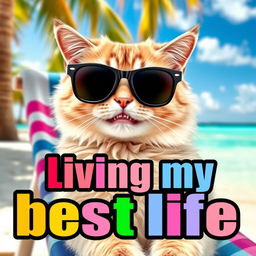 A humorous meme featuring a cat with a funny expression wearing oversized sunglasses, lounging on a beach chair with a tropical background