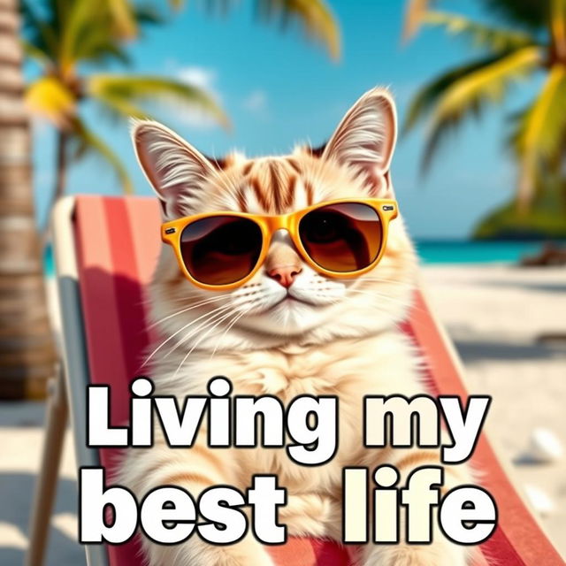 A humorous meme featuring a cat with a funny expression wearing oversized sunglasses, lounging on a beach chair with a tropical background