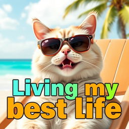 A humorous meme featuring a cat with a funny expression wearing oversized sunglasses, lounging on a beach chair with a tropical background