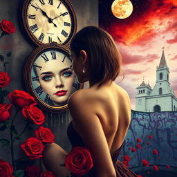 A beautiful, stunning girl gazing into a mirror in a surreal, psychedelic world inspired by Salvador Dali