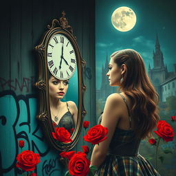 A beautiful, stunning girl gazing into a mirror in a surreal, psychedelic world inspired by Salvador Dali