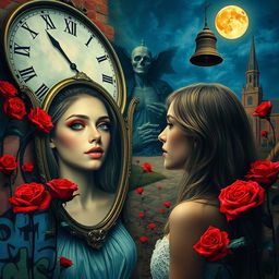 A beautiful, stunning girl gazing into a mirror in a surreal, psychedelic world inspired by Salvador Dali