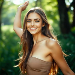 A beautiful young woman stands confidently, her pose expressing freedom and empowerment