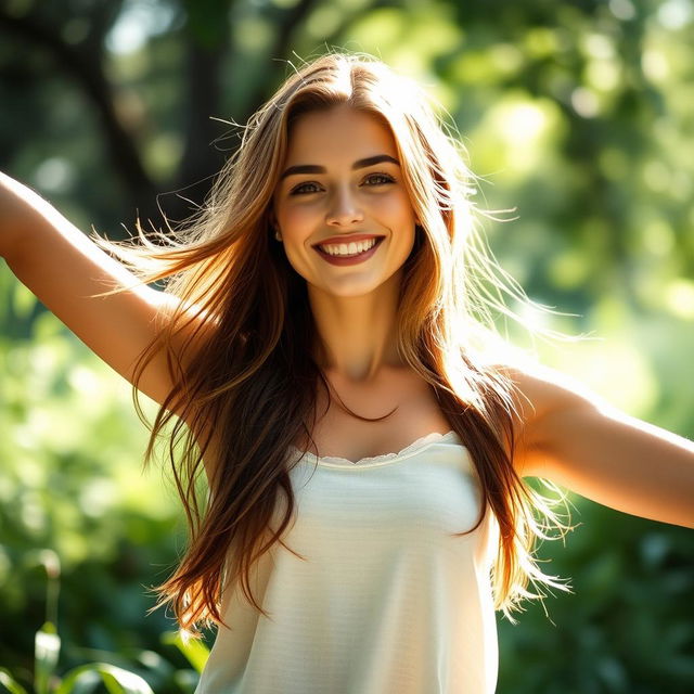 A beautiful young woman stands confidently, her pose expressing freedom and empowerment