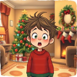 A whimsical illustration of a young boy with messy hair, wearing a red and green striped sweater and looking mischievous as he stands in a cozy, festive living room filled with holiday decorations