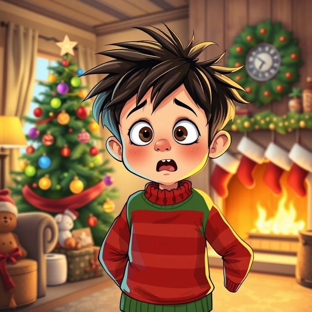 A whimsical illustration of a young boy with messy hair, wearing a red and green striped sweater and looking mischievous as he stands in a cozy, festive living room filled with holiday decorations