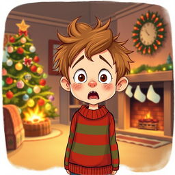 A whimsical illustration of a young boy with messy hair, wearing a red and green striped sweater and looking mischievous as he stands in a cozy, festive living room filled with holiday decorations