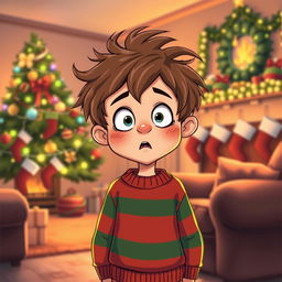 A whimsical illustration of a young boy with messy hair, wearing a red and green striped sweater and looking mischievous as he stands in a cozy, festive living room filled with holiday decorations