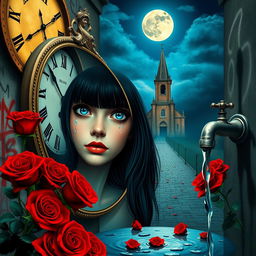 A beautiful, stunning girl with black hair and striking blue eyes gazing into a mirror in a surreal, psychedelic world inspired by Salvador Dali