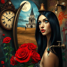 A beautiful, stunning girl with black hair and striking blue eyes gazing into a mirror in a surreal, psychedelic world inspired by Salvador Dali