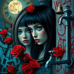 A beautiful, stunning girl with black hair and striking blue eyes gazing into a mirror in a surreal, psychedelic world inspired by Salvador Dali