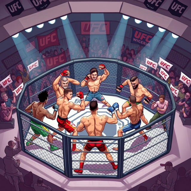 A dynamic and vibrant 2D illustration of a UFC fighting tournament scene, featuring diverse fighters in an octagonal cage setting