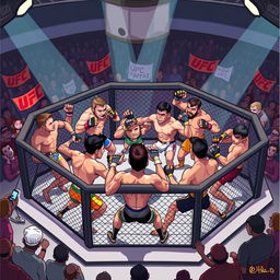 A dynamic and vibrant 2D illustration of a UFC fighting tournament scene, featuring diverse fighters in an octagonal cage setting