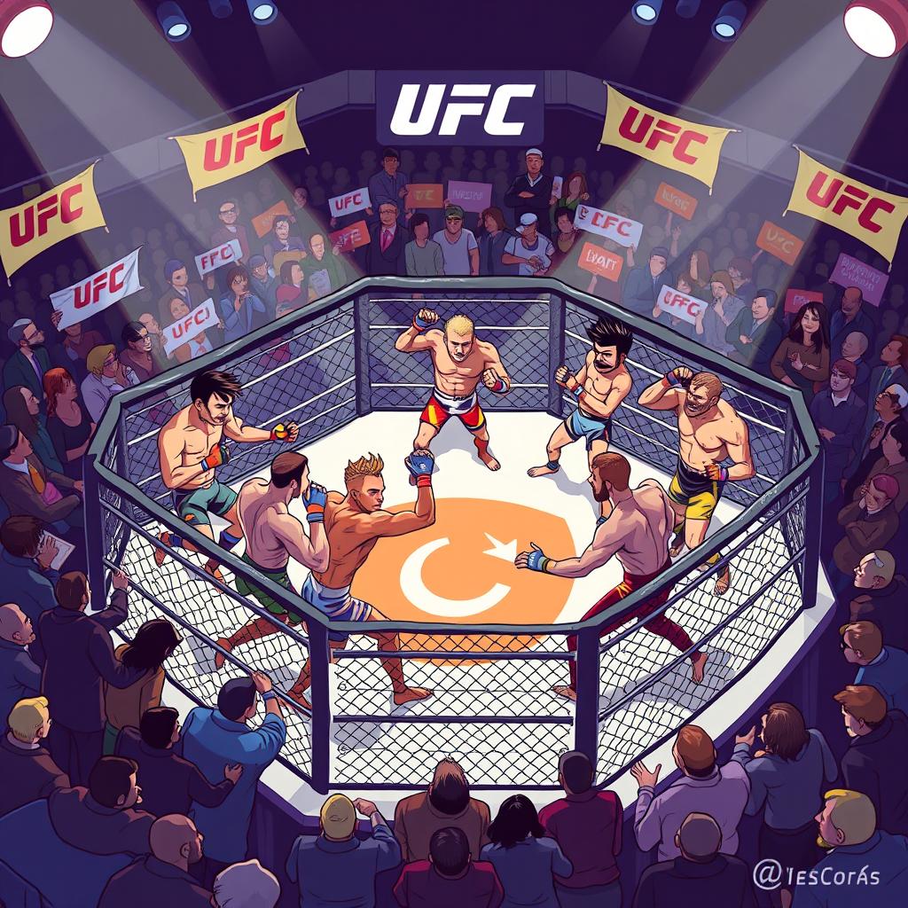 A dynamic and vibrant 2D illustration of a UFC fighting tournament scene, featuring diverse fighters in an octagonal cage setting