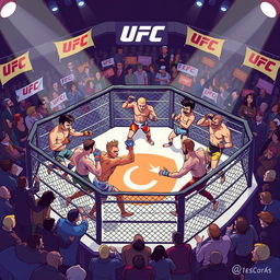 A dynamic and vibrant 2D illustration of a UFC fighting tournament scene, featuring diverse fighters in an octagonal cage setting