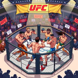 A dynamic and vibrant 2D illustration of a UFC fighting tournament scene, featuring diverse fighters in an octagonal cage setting