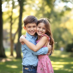 A boy and girl embracing in a warm, friendly hug against a soft blurred background of a sunny park